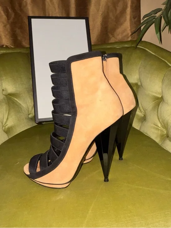 Gucci Brown/Black Suede and Fabric Olimpia Strappy Ankle Boots Size 38 - Picture 2 of 11